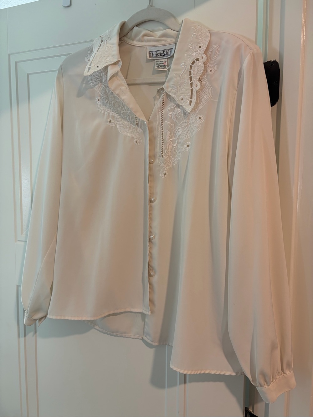 Christie & Jill Cream Embroidered Collar Button-Front Blouse